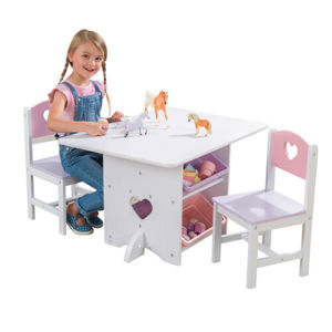 KidKraft detský stôl Heart s dvoma stoličkami a boxy