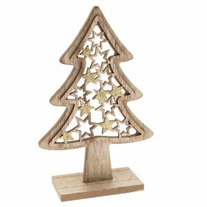 Vianočná drevená dekorácia Stromček, 10 x 15,5 x 4 cm, zlatá